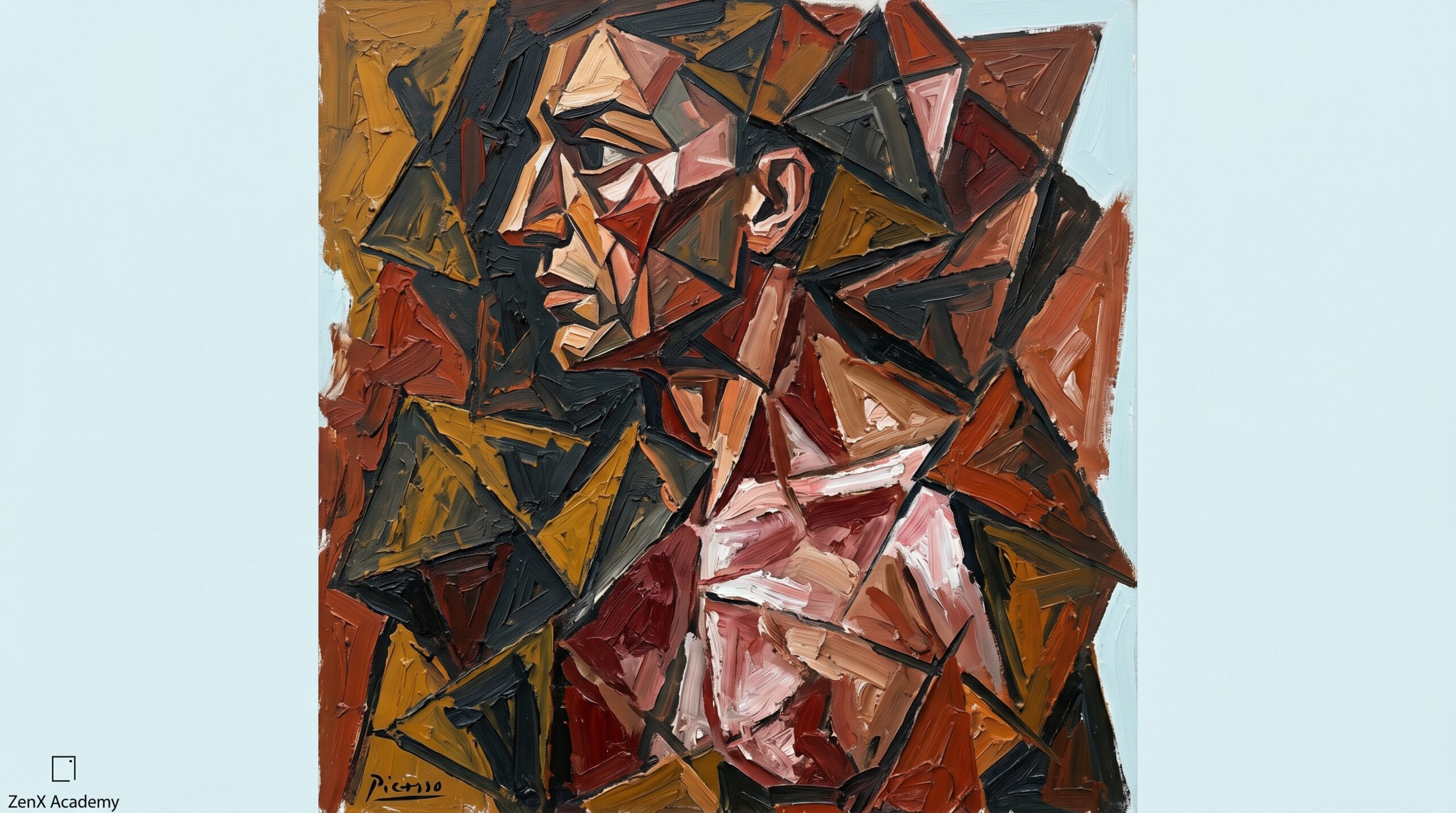 A dramatic cubist psychological portrait revealing hidden layers beneath a defended surface