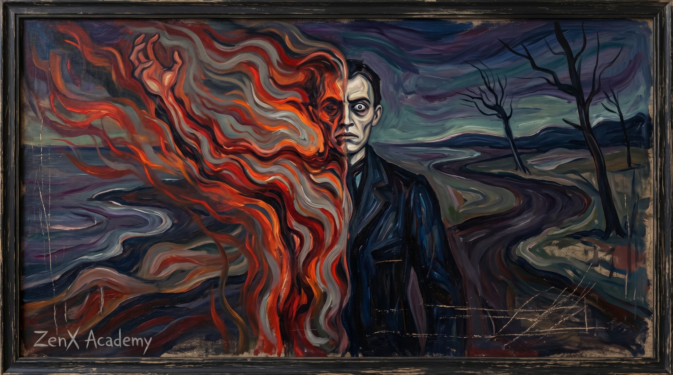 An intense psychological canvas suggesting multiple internal states woven together