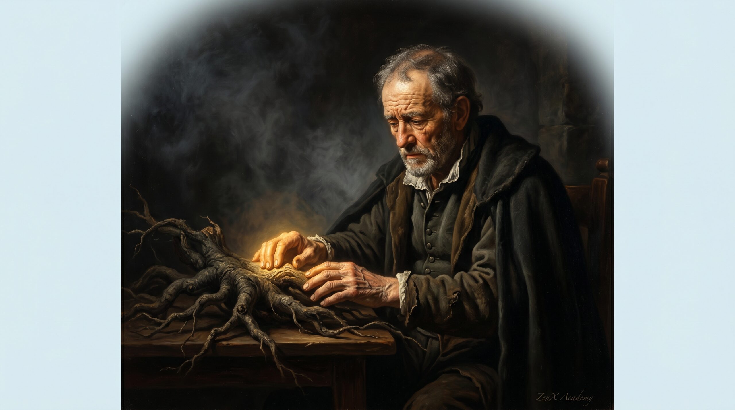 A realistic Renaissance-style oil painting of a figure facing their own reflection by candlelight