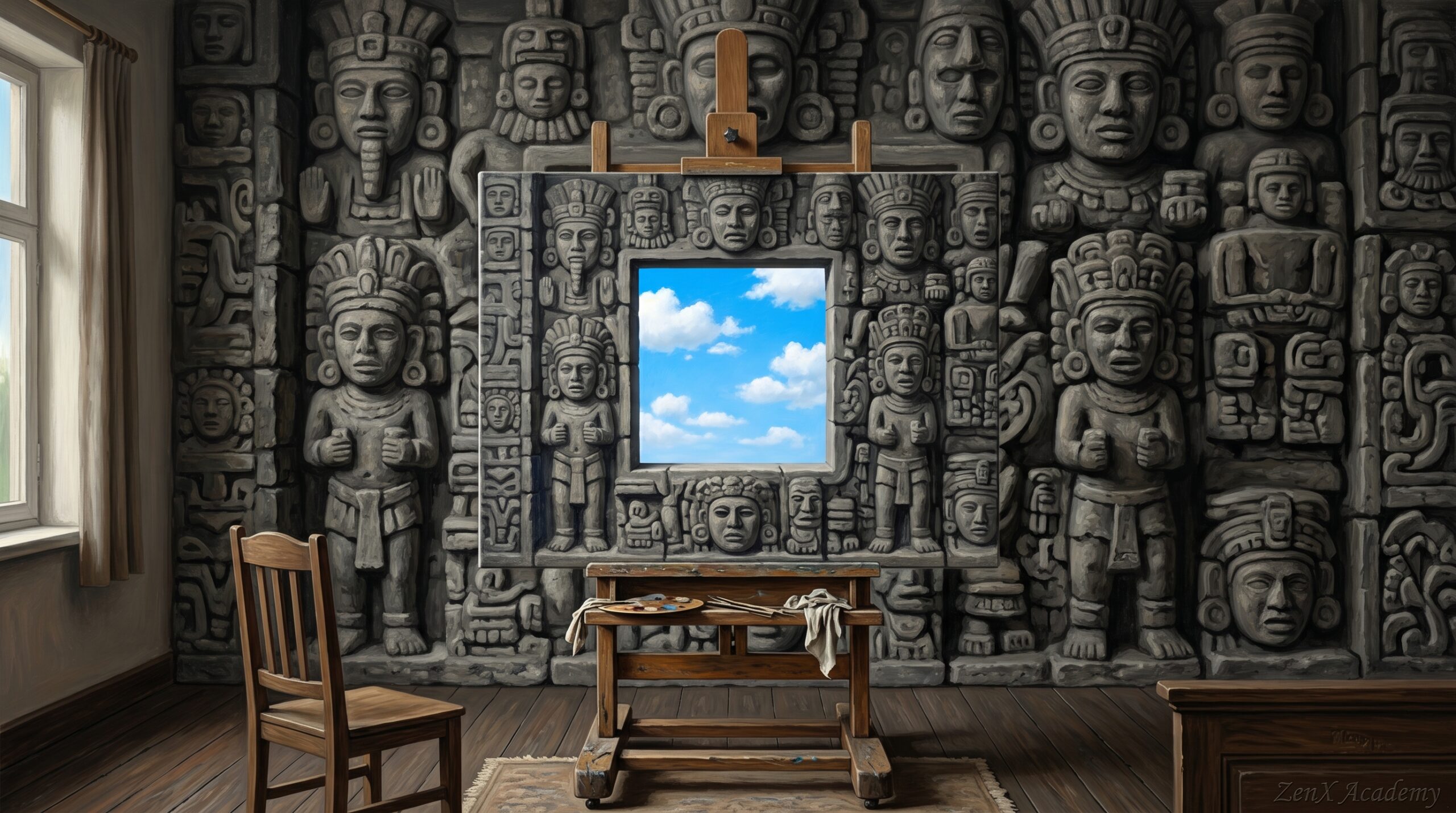 A surrealist scene suggesting hidden architecture revealed under new light