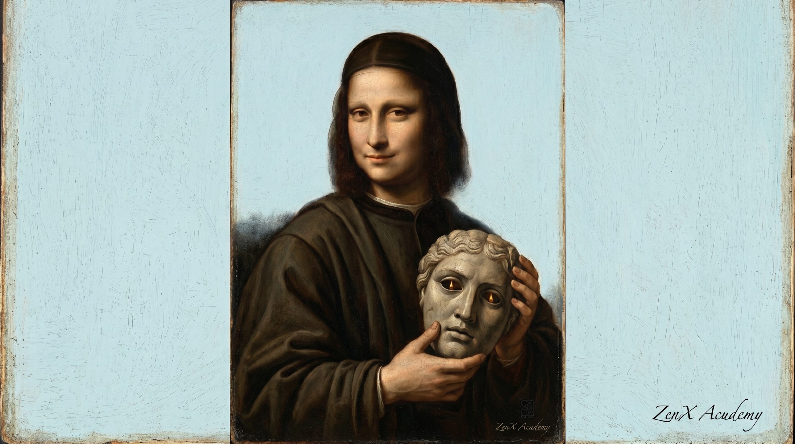An enigmatic expression suggesting a sophisticated mask concealing conflicting inner commands