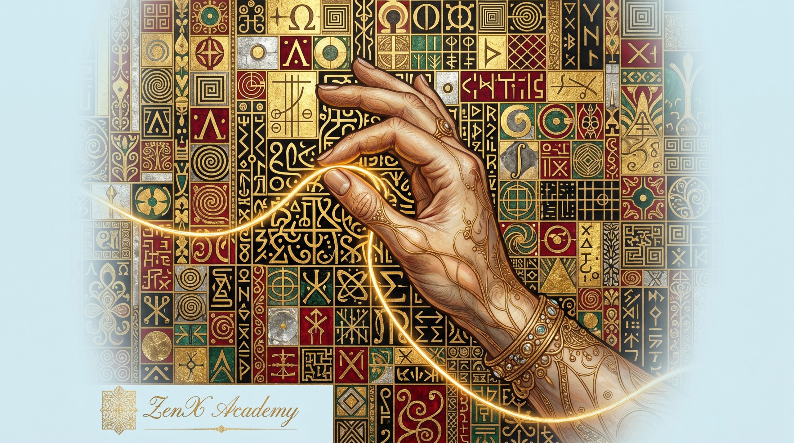 An image of golden script being carefully deconstructed and rearranged