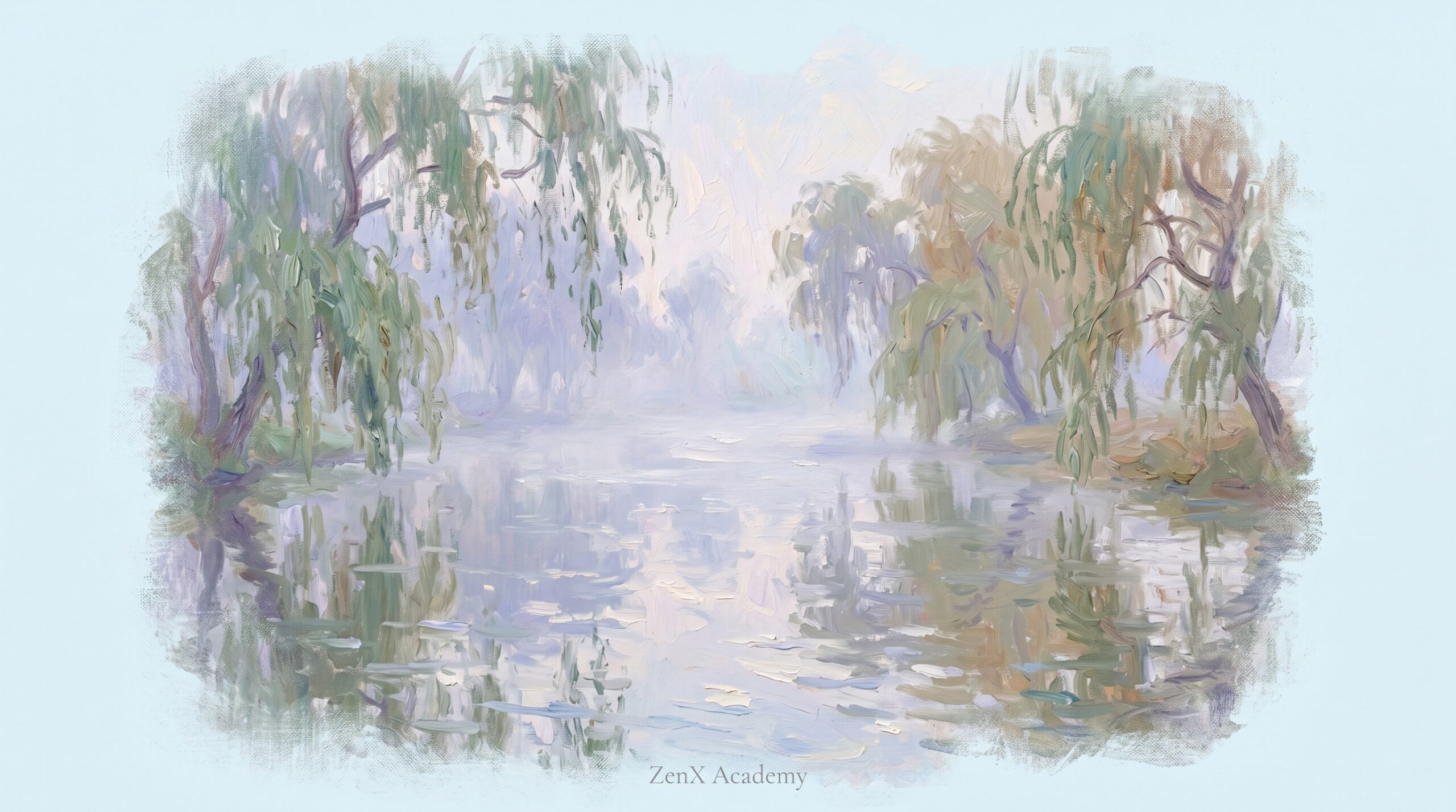 Impressionistic flowing water suggesting ongoing movement without final arrival