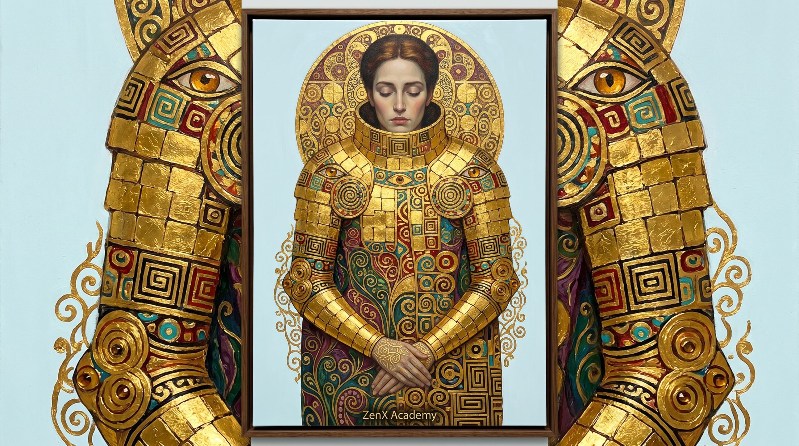 Symbolic gold leaf armor suggesting protective commands wrapped around a core