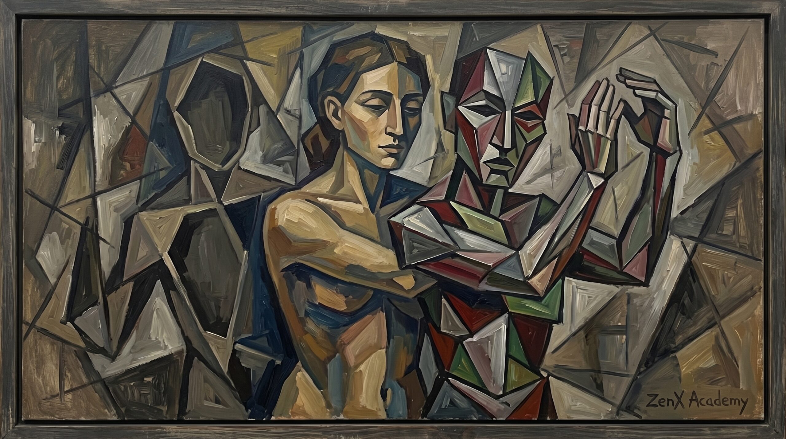 A cubist painting in the Picasso style showing a figure reflected in a mirror, the reflection more present than the original