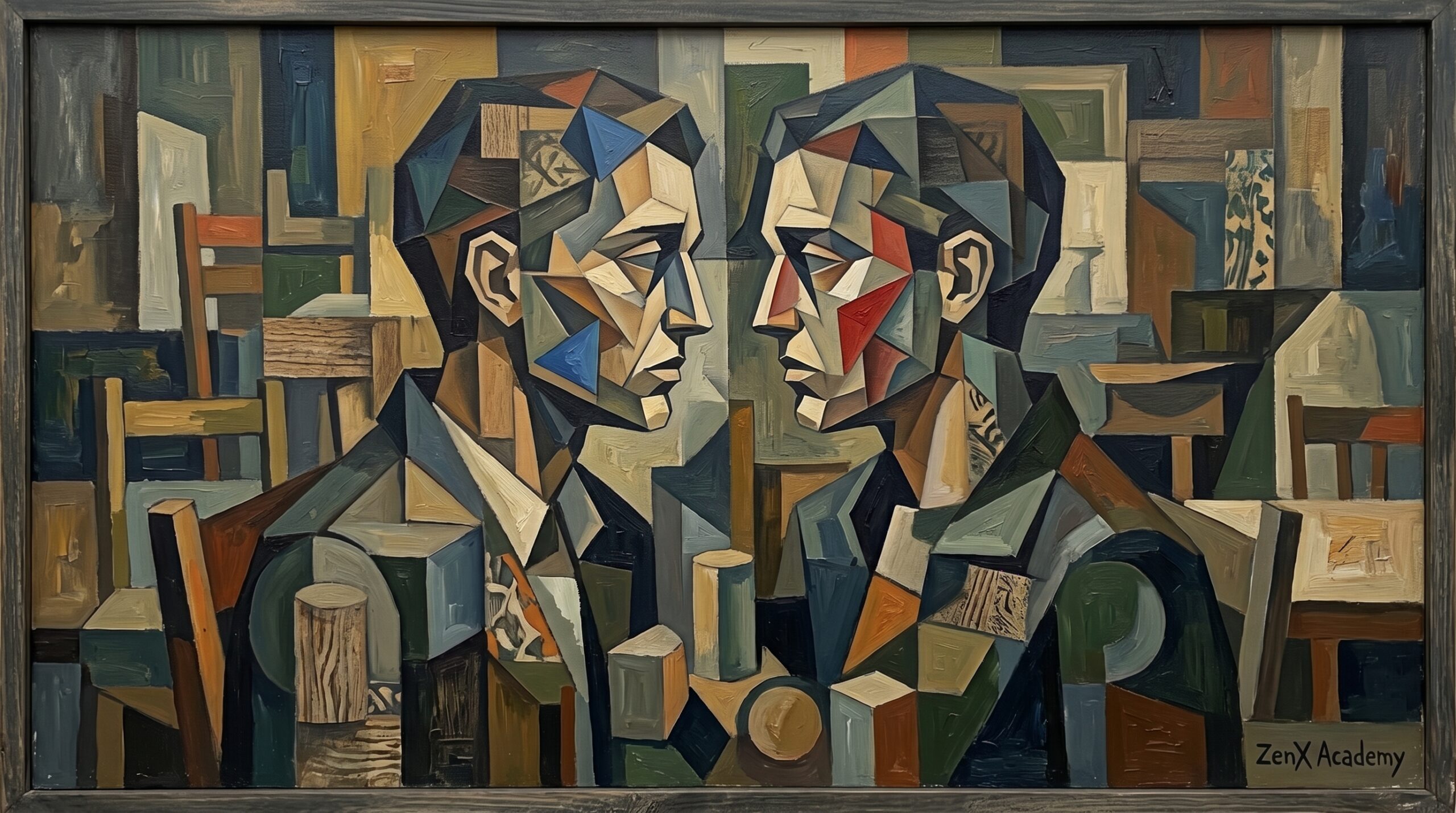 A cubist painting showing two contrasting states, the performance of understanding and the actual work of change