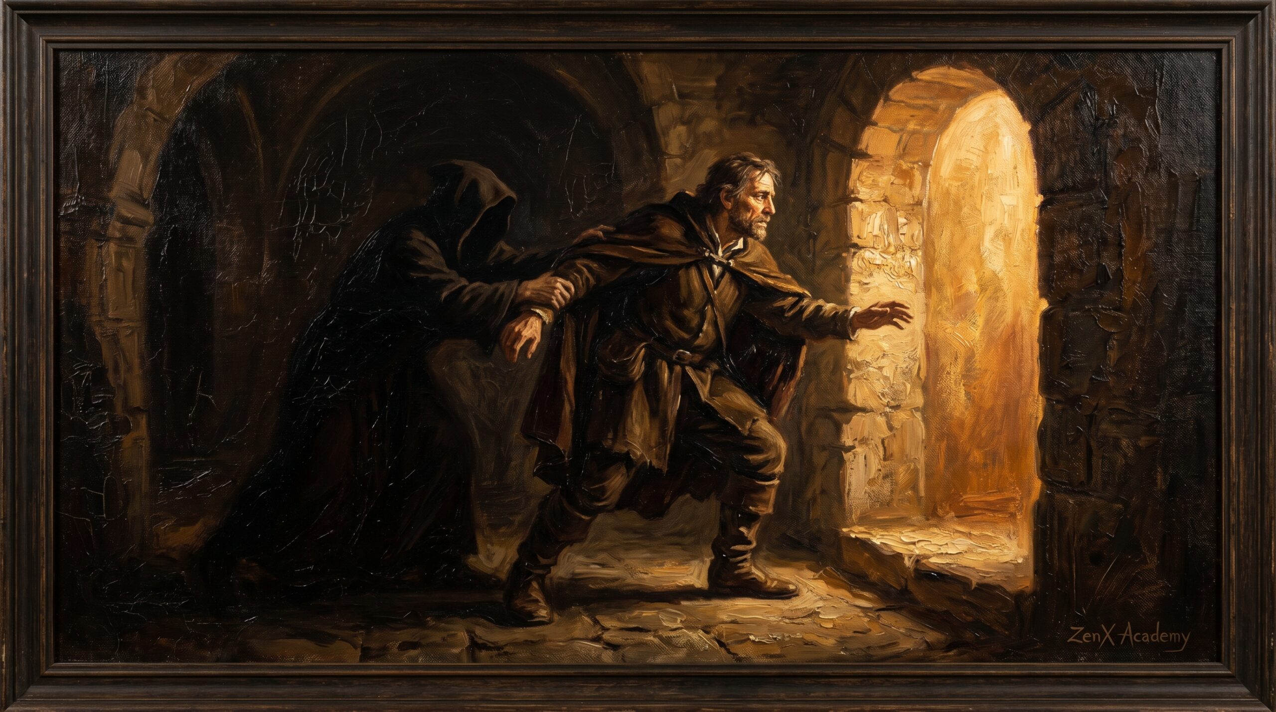A figure stepping into light, representing the continued intelligence of the work
