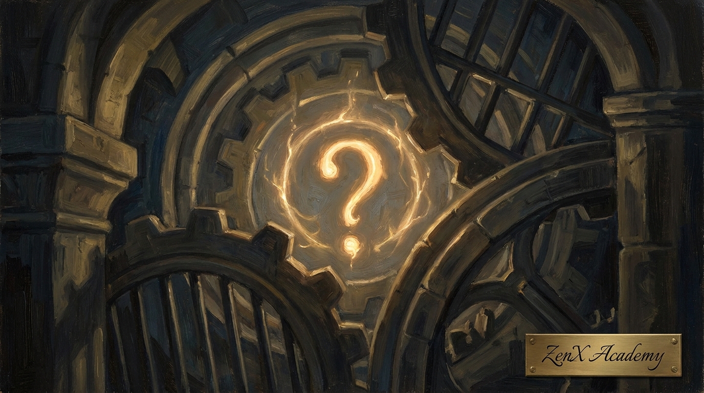 A hand-painted classical painting representing the narrow boundary between the question arriving and the architecture redirecting it