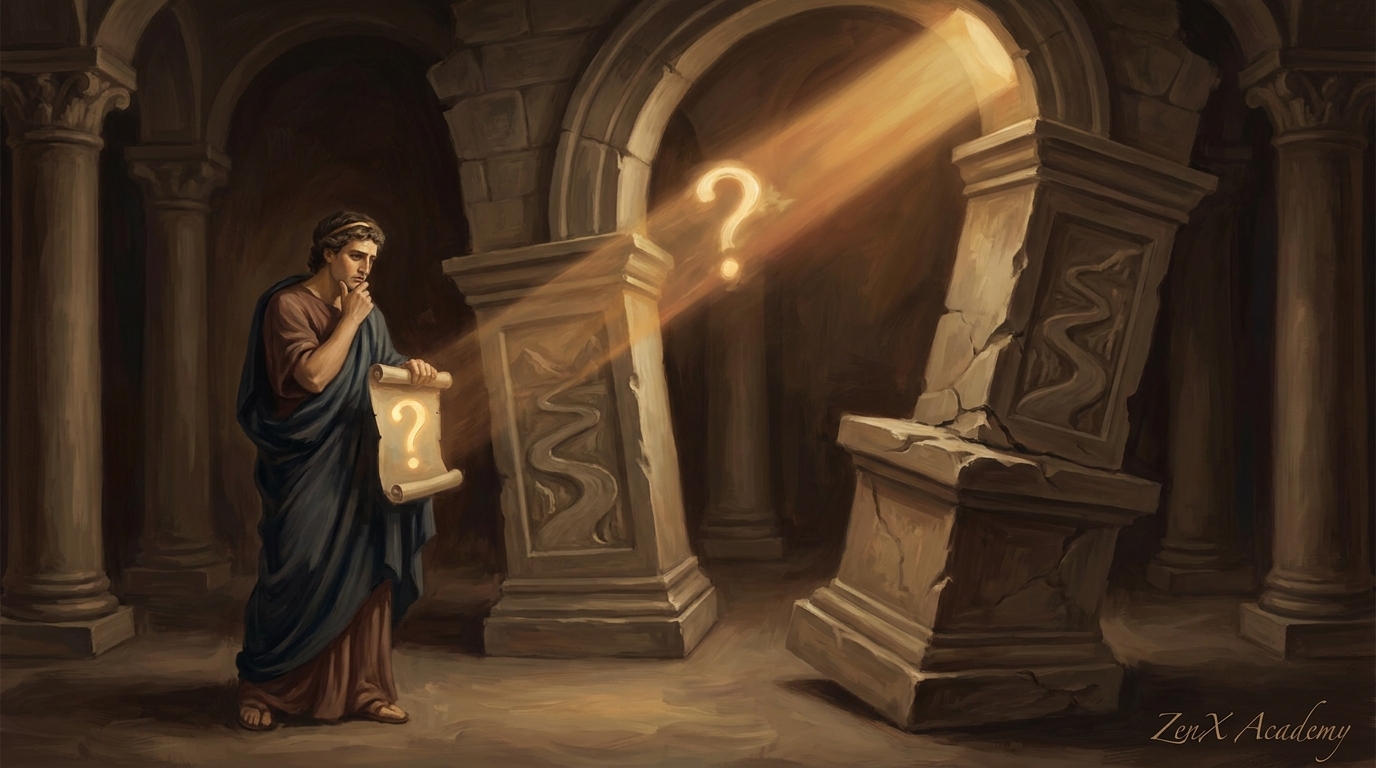 A symbolic scene showing the moment when examination meets the tower's immune response