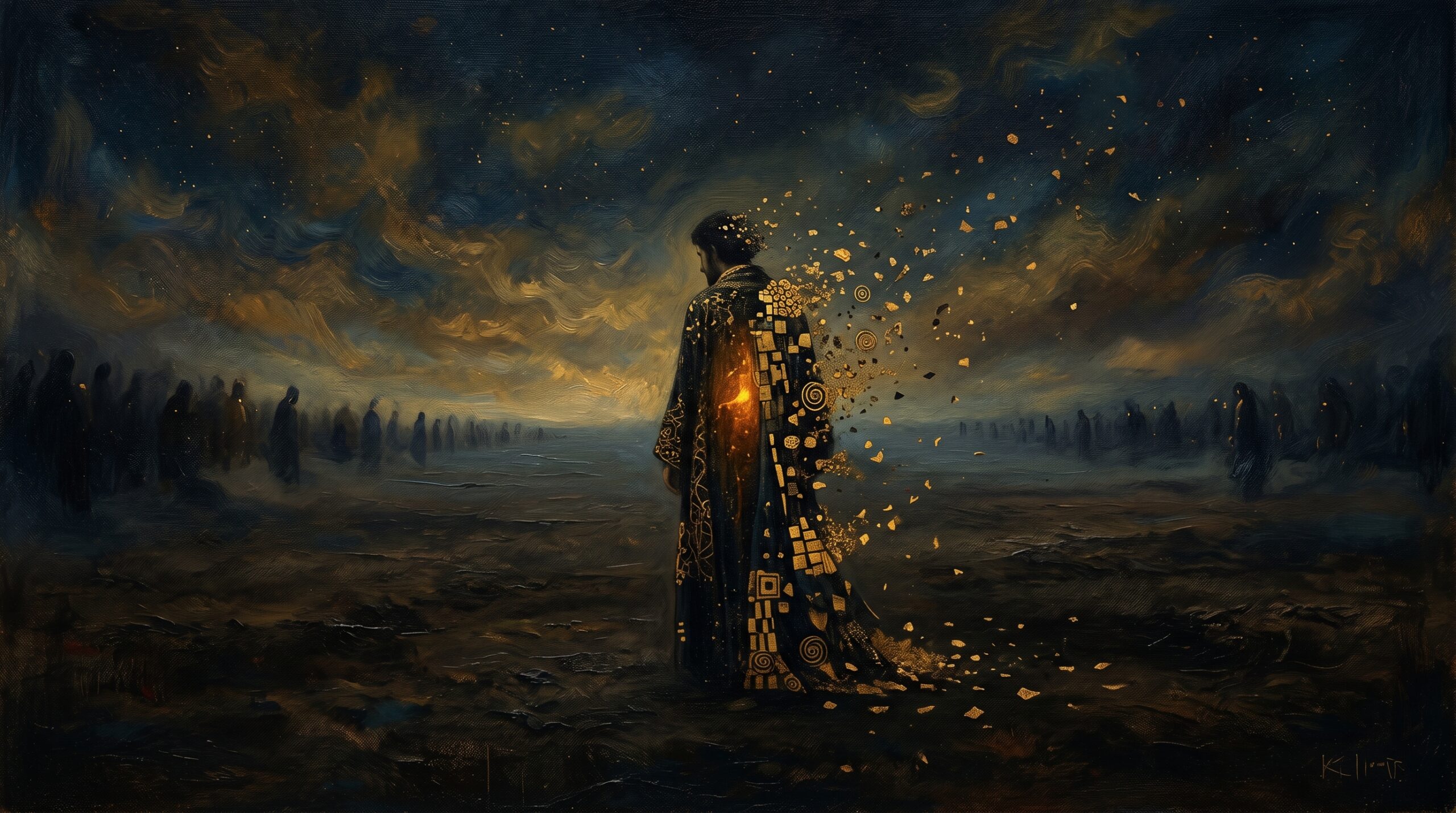 A lone human figure standing, representing what has and has not been through fire