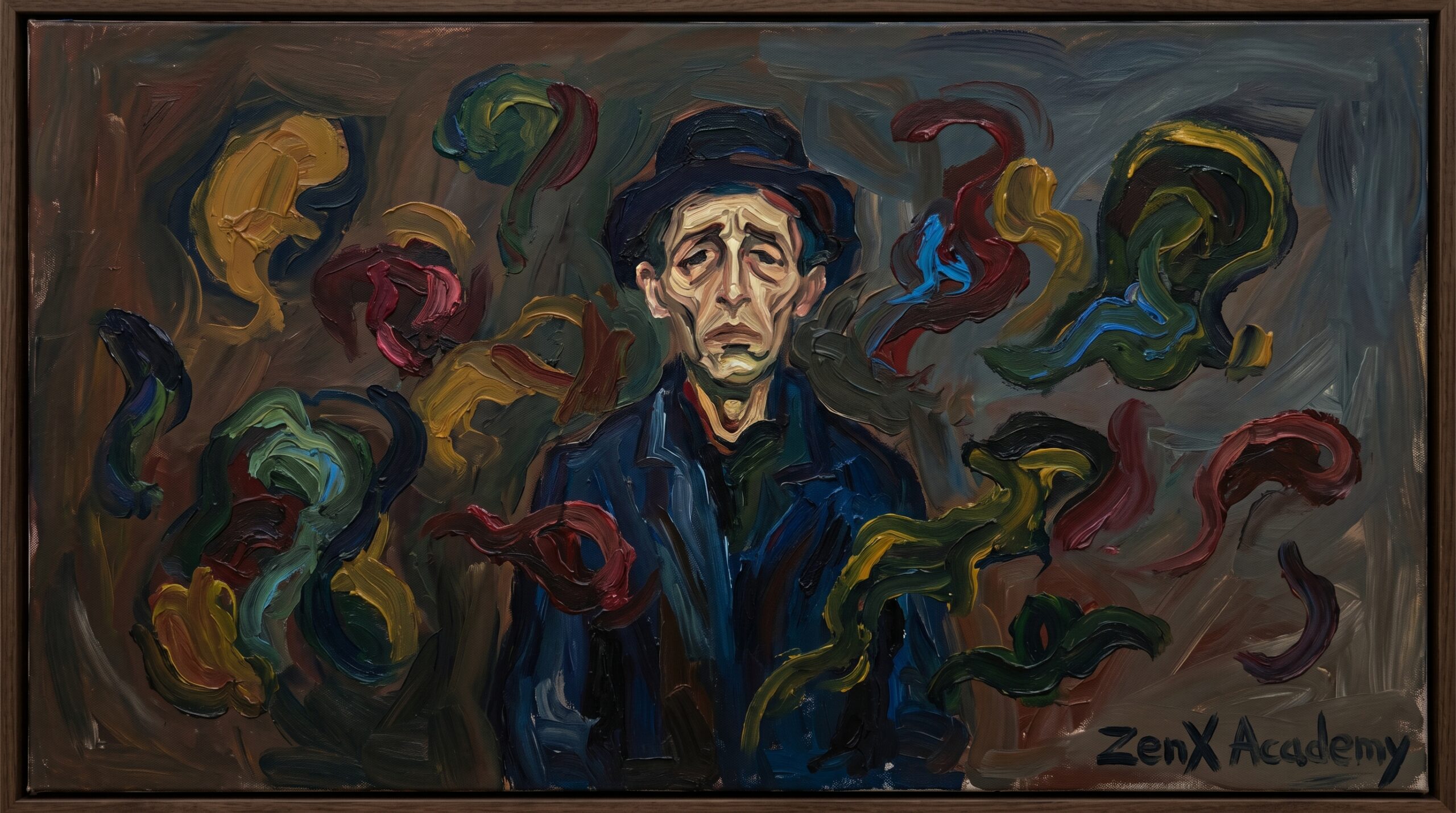 A person surrounded by floating symbols of insight, standing still despite the movement around them