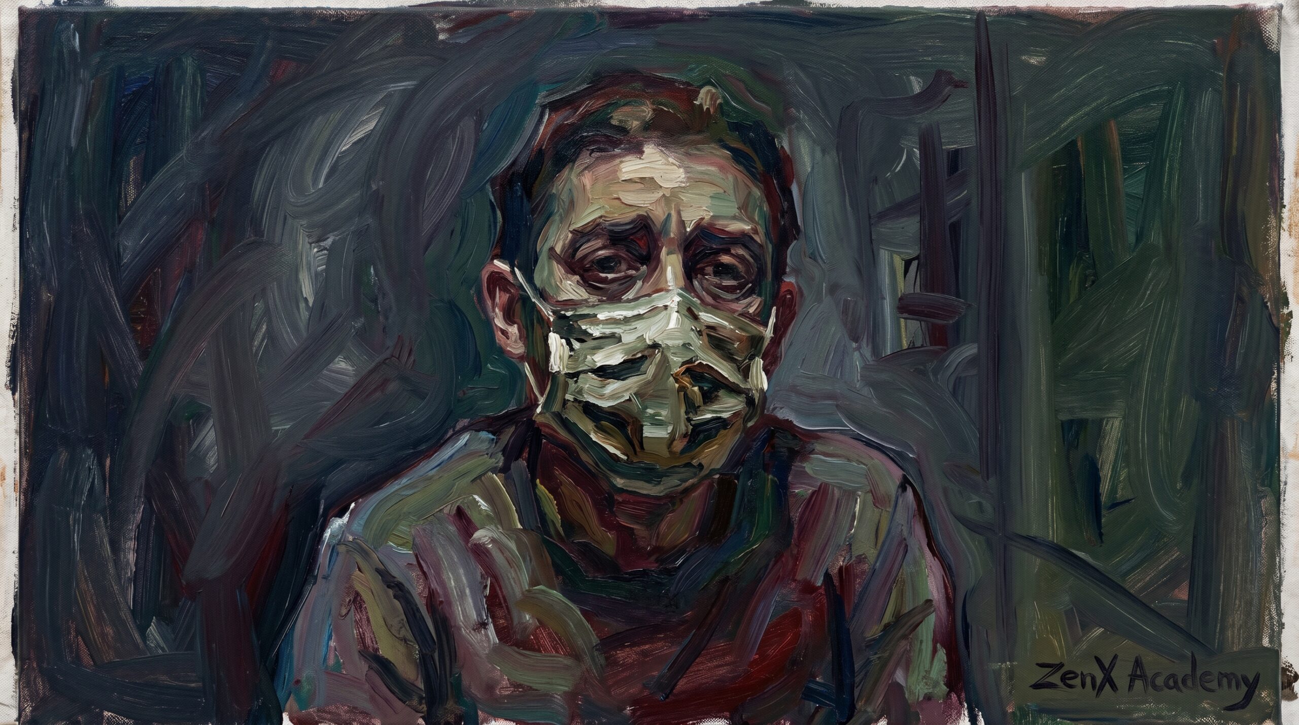 A person wearing a mask that is slowly cracking, symbolizing the identity that substitutes help maintain