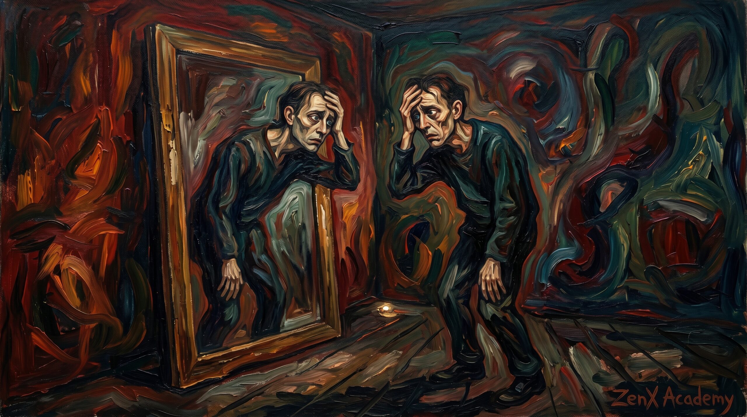 A psychological expressionist painting of a figure facing a mirror of shifting colors, symbolizing the Khwar test