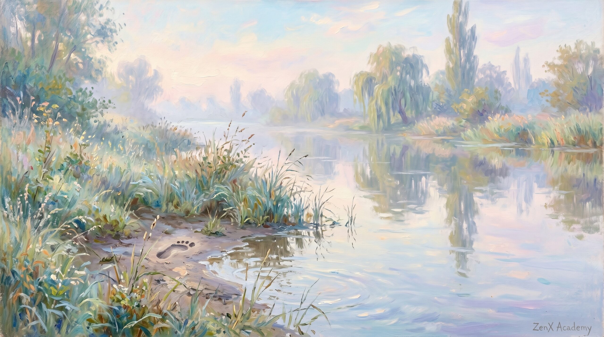 A serene impressionist scene suggesting the subtle moment where a real trace receives an added layer from the self