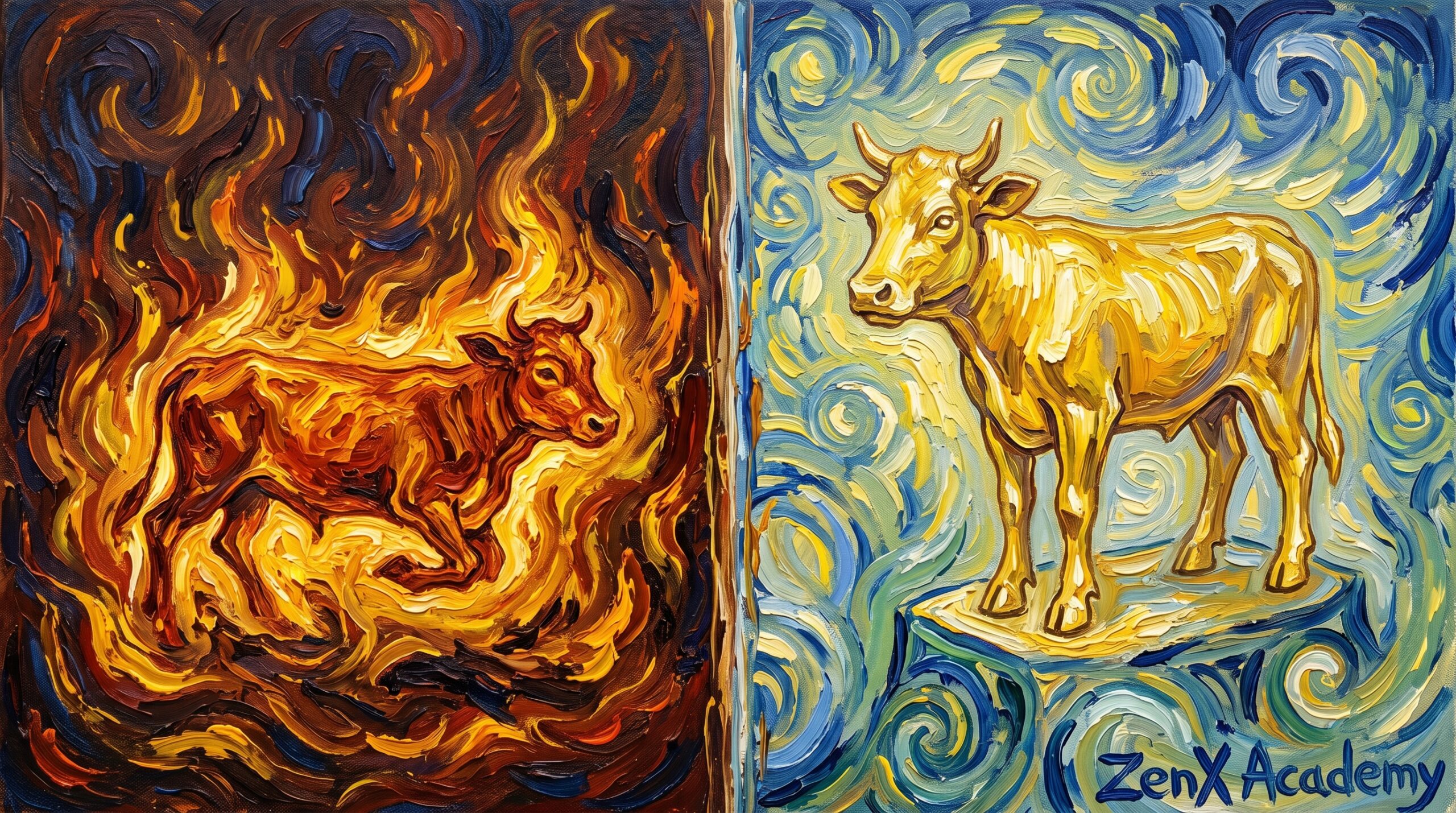A split scene impressionist painting evoking the tension between the journey of transformation and the shortcut of substitution