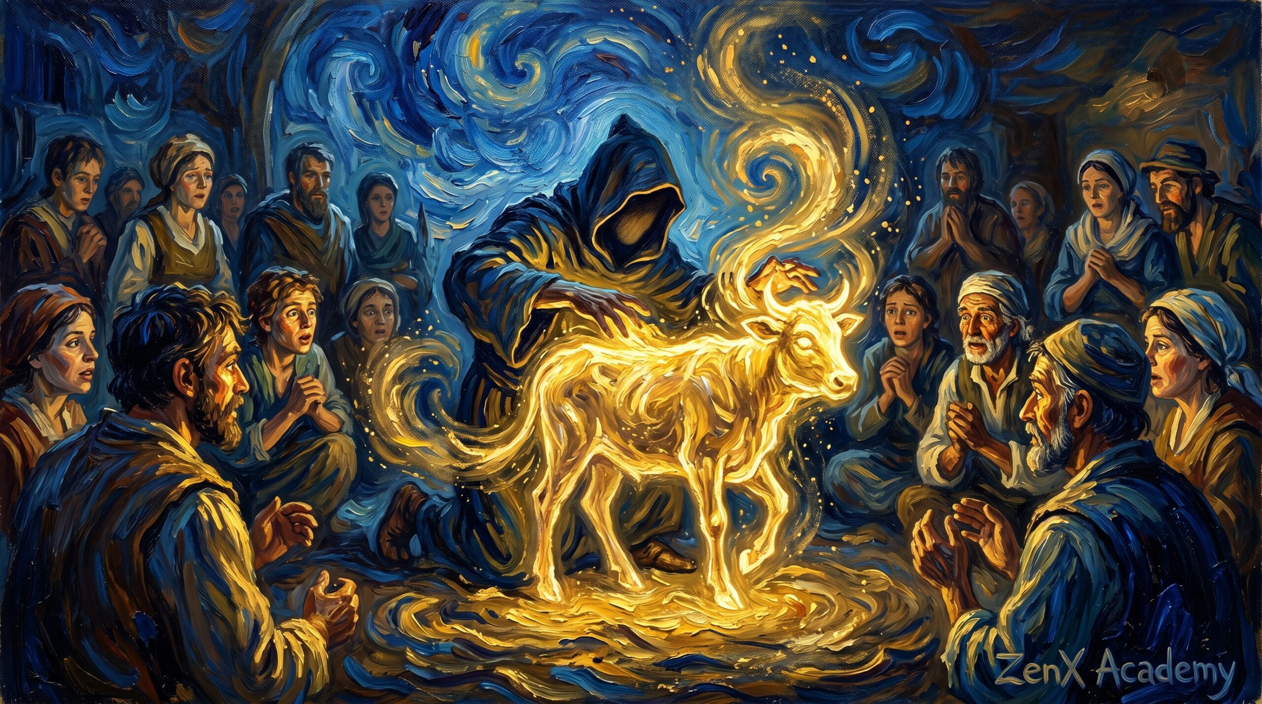 A symbolic impressionist painting representing the Samiri, the manufacturer of substitutes in psychological architecture