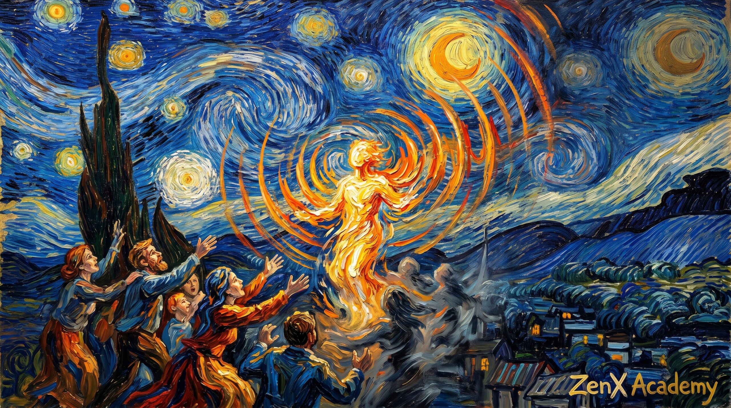 An abstract impressionist scene inspired by the contrast between Ibrahim's transformed offering and the Samiri's untransformed imitation