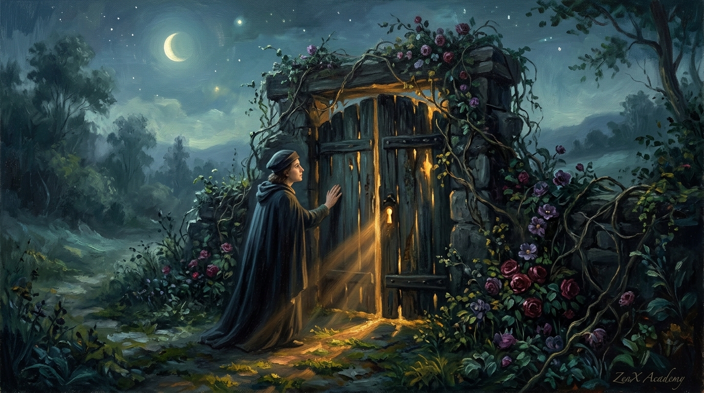 Ancient gate in moonlit landscape