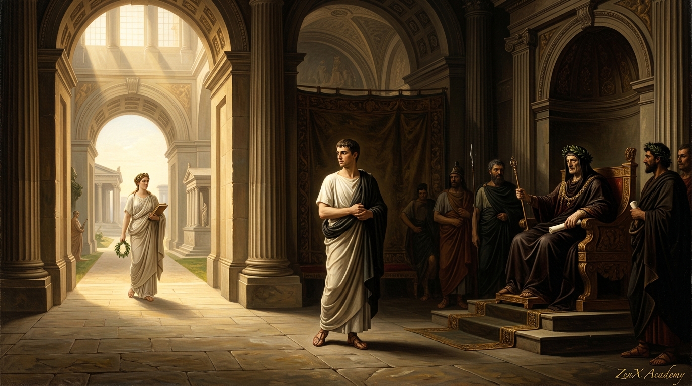 Figure between authorities allegory