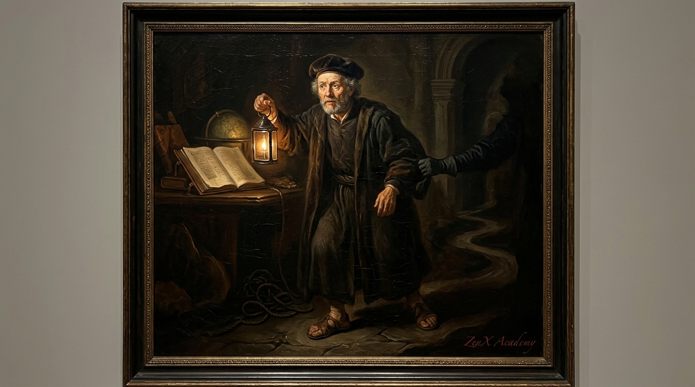 Figure holding lantern while obeying a different authority