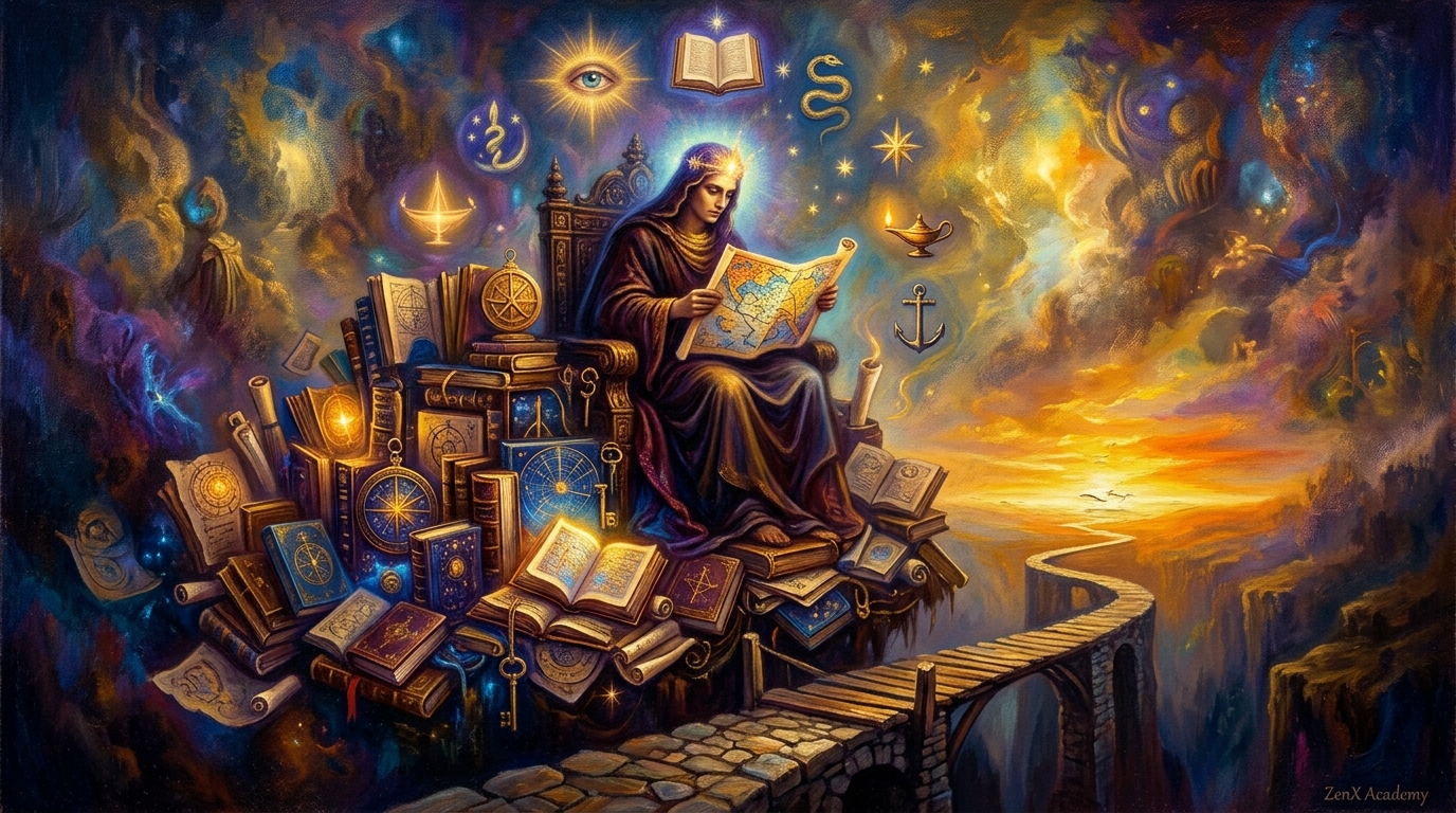 Figure seated on throne studying