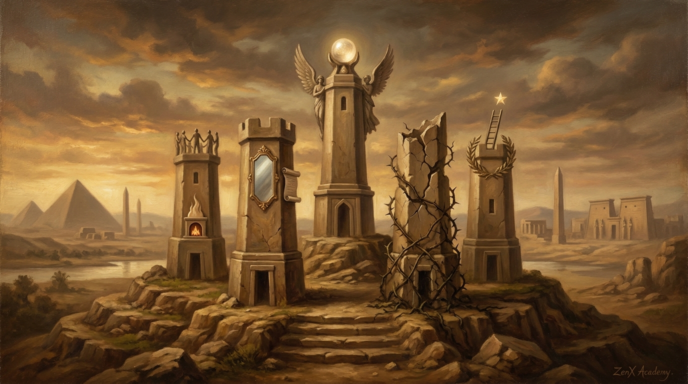 Five towers symbolizing the identity structures that Haman builds from genuine material