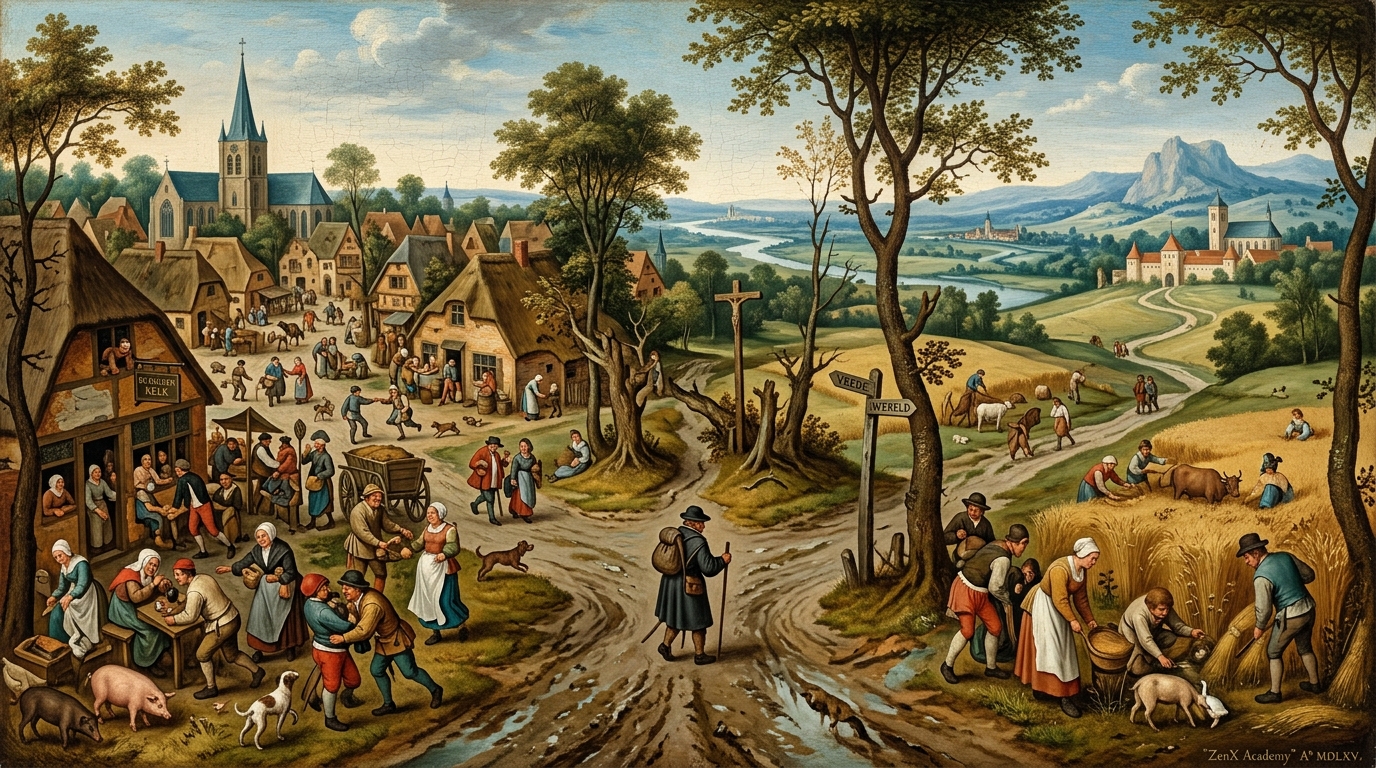 Flemish painting traveler at crossroads