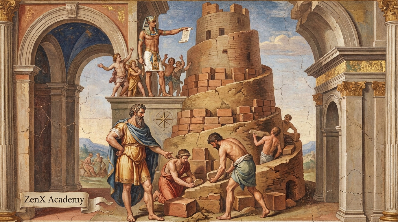 Haman building a tower for Pharaoh representing the unseen architect of the false structure