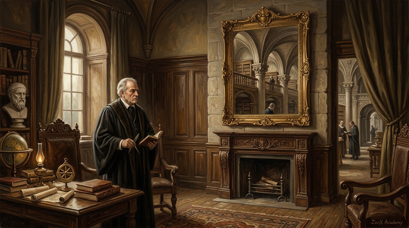 A hand-painted classical interior representing the space beneath the tower's announced surface