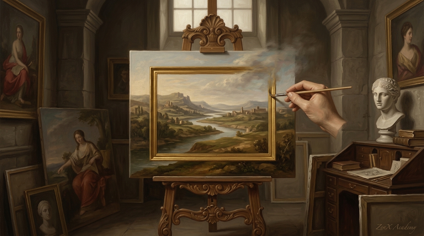 A hand-painted painting where the frame itself becomes visible as a frame rather than invisible background
