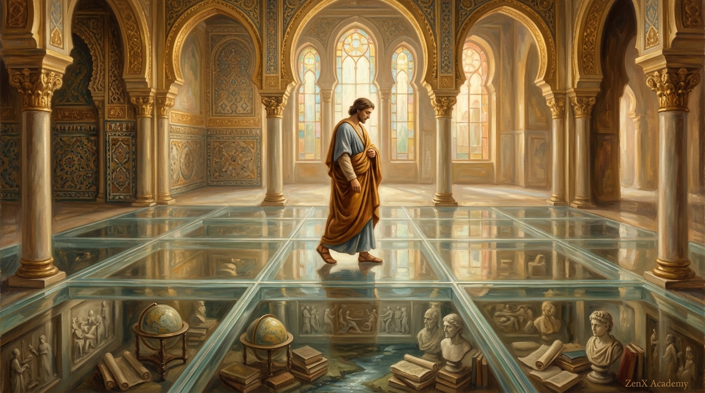 A hand-painted scene of Solomon's crystal floor — visible yet walkable, architecture you can see and inhabit