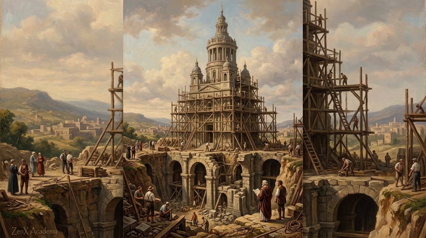 A hand-painted tower with scaffolding revealing the structure beneath the surface