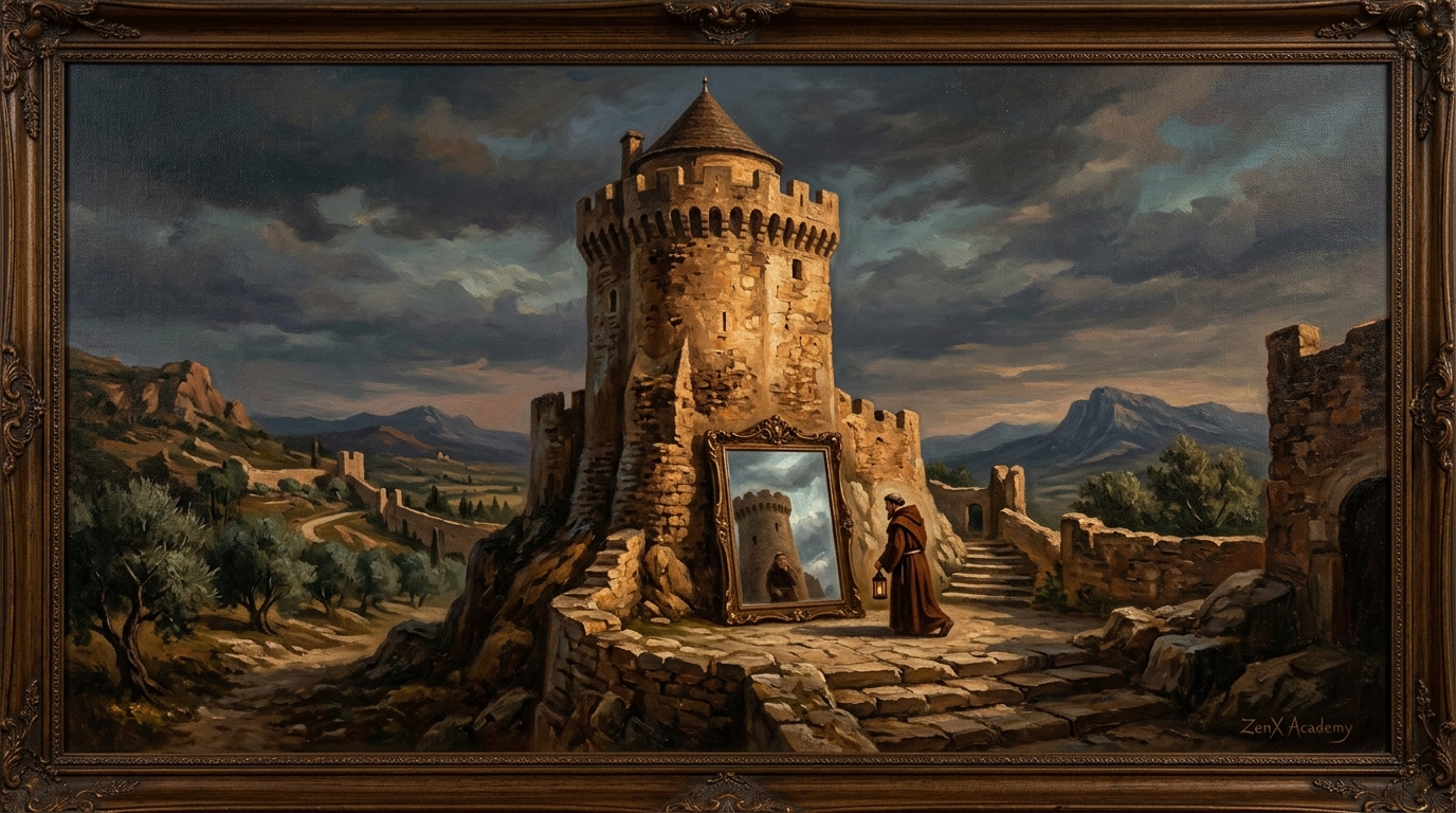 A hand-painted tower with a mirror — the examining function reflecting on itself