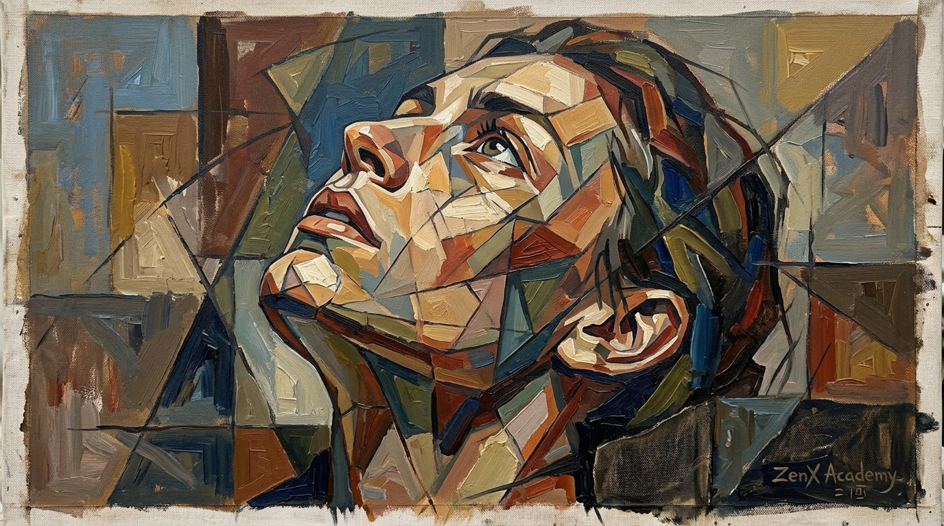Human face fragmented geometric, representing the question becoming audible