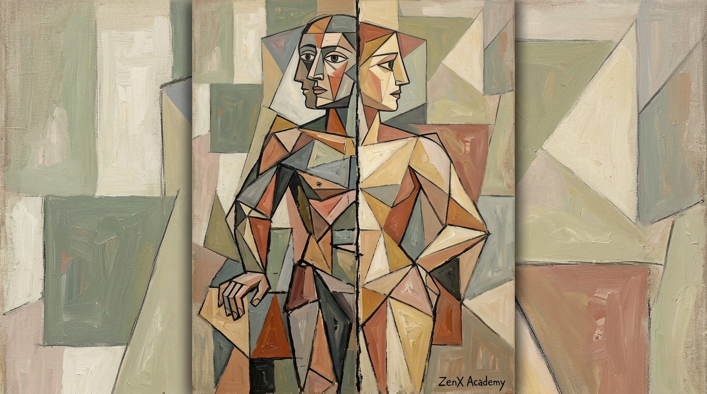 Human figure divided geometric, representing the larger internal architecture