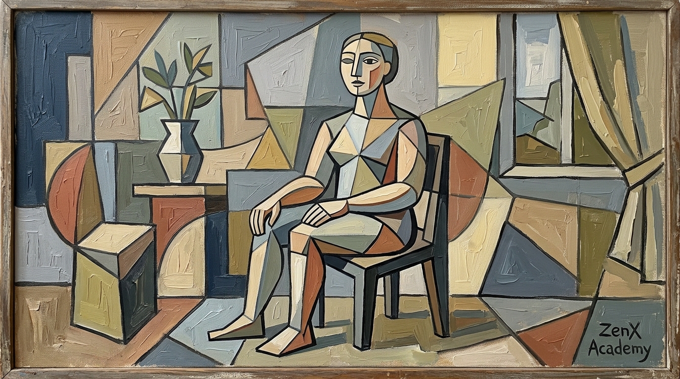 Human figure sitting cubist painting variant, symbolizing closing the Samiri chapter
