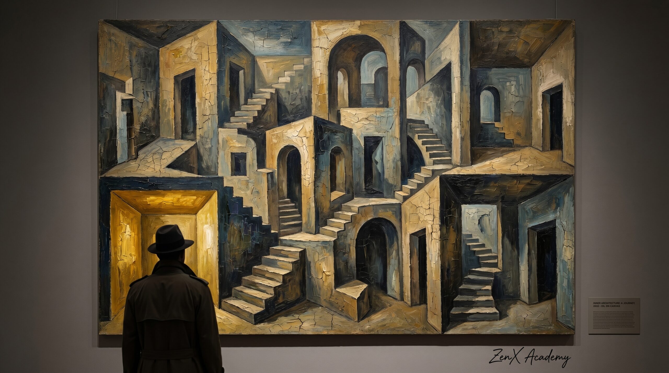 Large surreal cubist architectural landscape suggesting a vast map of the internal world