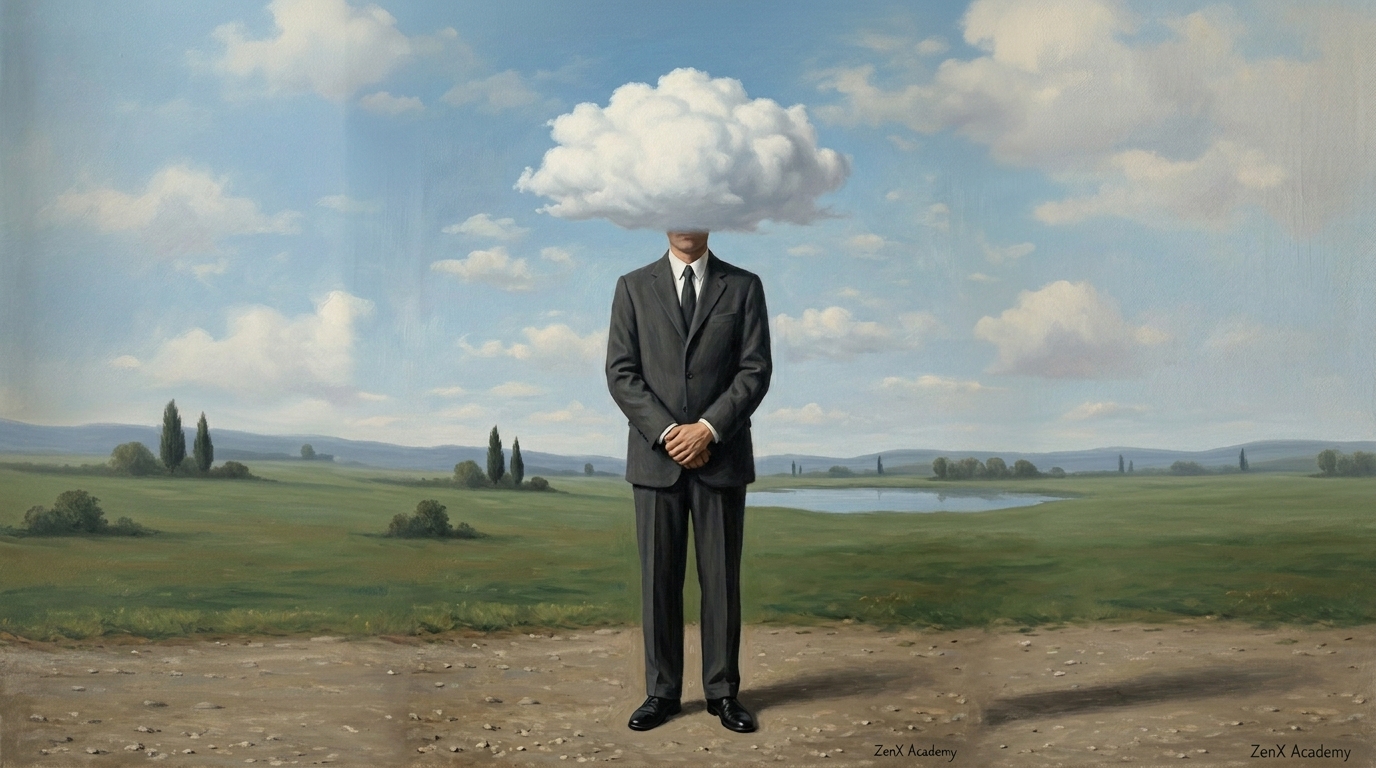 Man in suit floating cloud, symbolizing intermittent examination