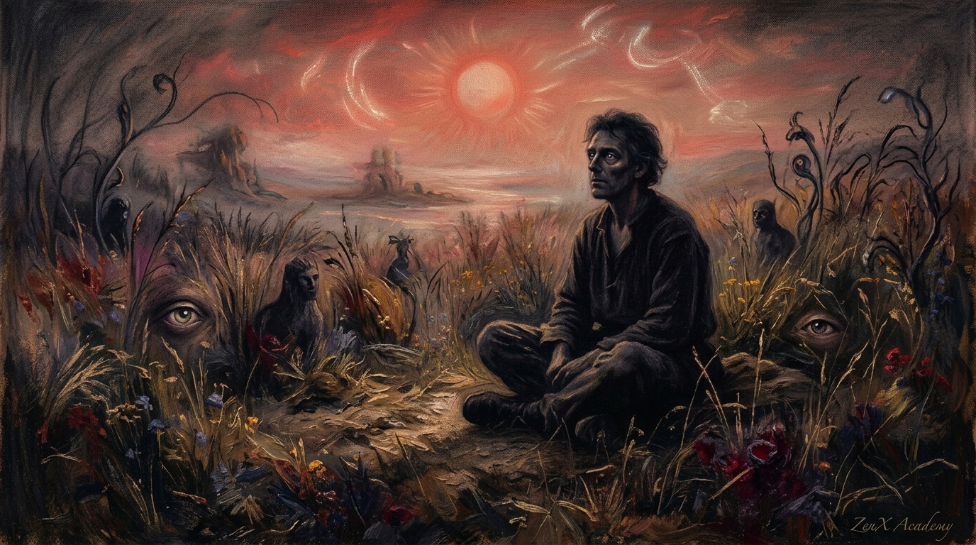 Man sitting in field at dawn