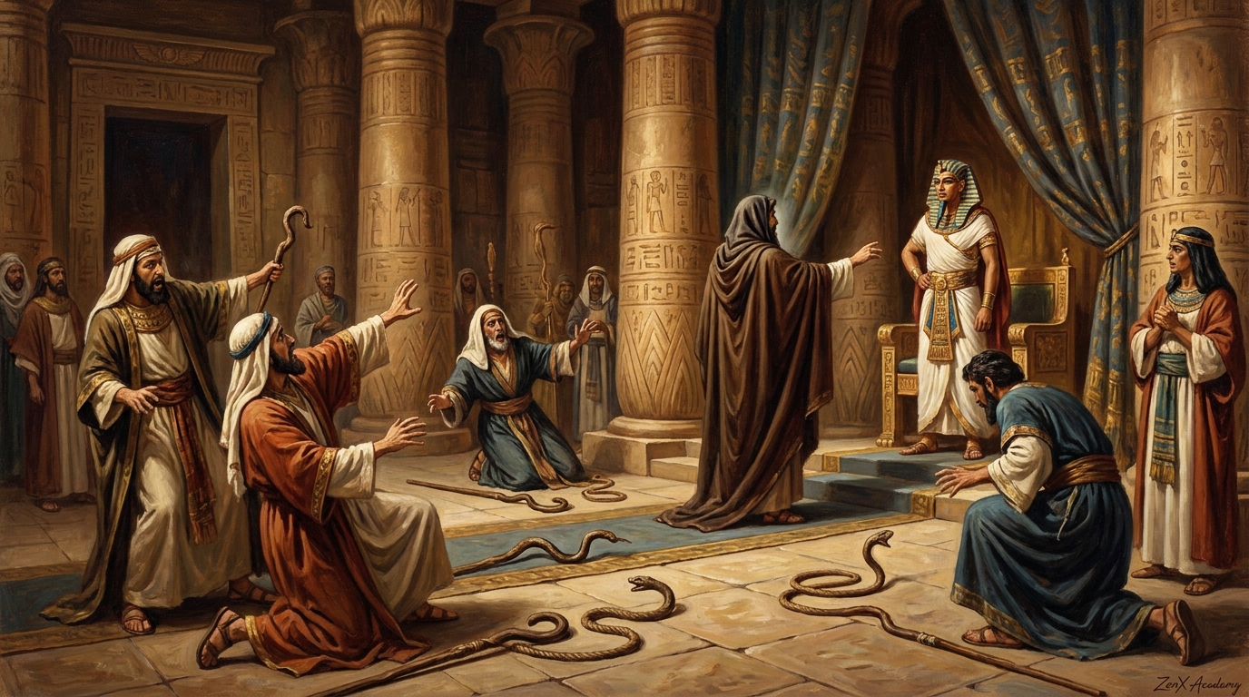 Moses confronting the palace architecture representing the moment the tower becomes visible as a tower