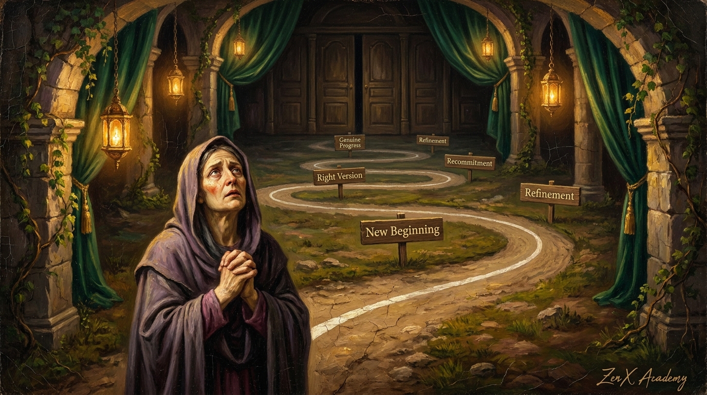 A person at a starting line on a path representing the repeated restart