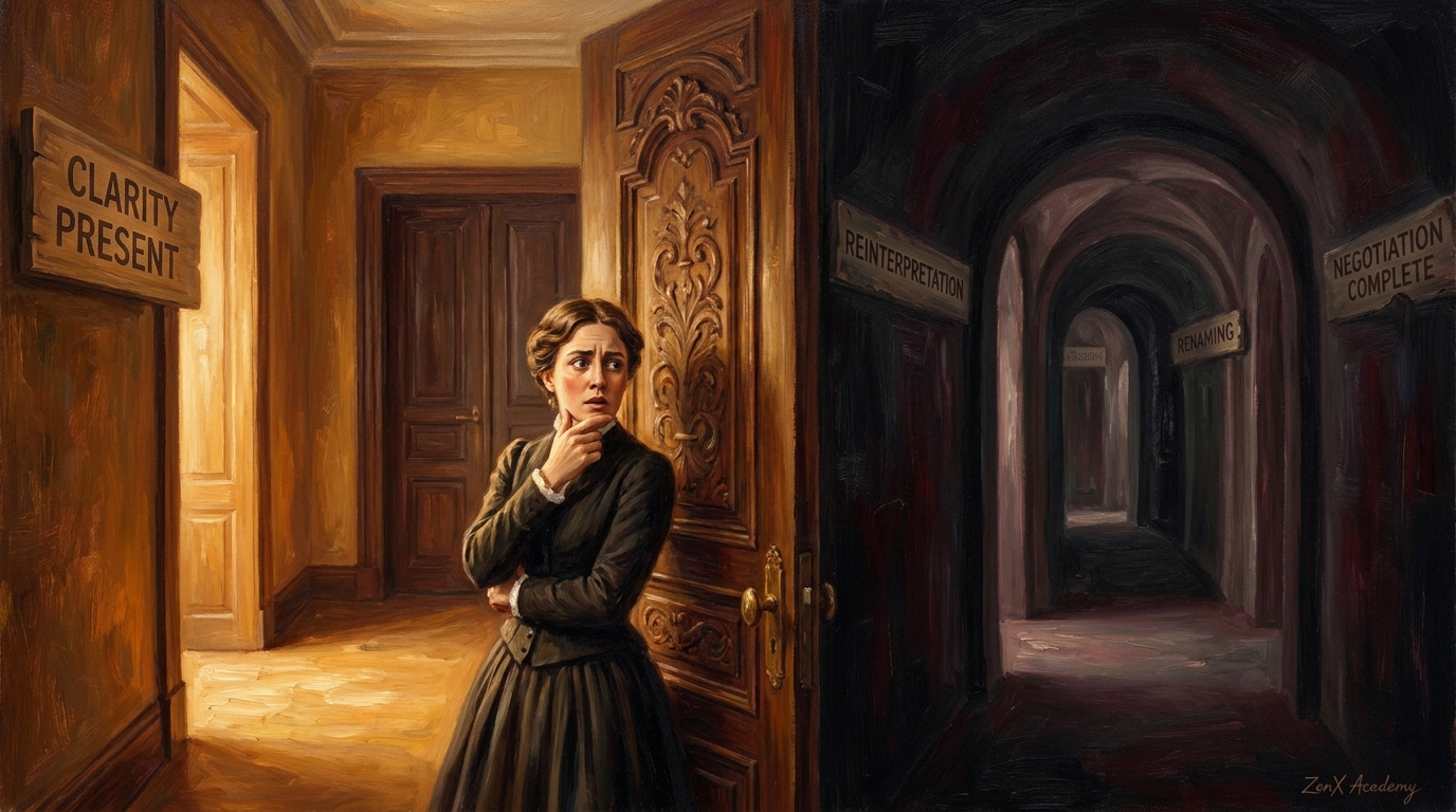 A person at the threshold between two chambers representing the gap between clarity and its dissolution