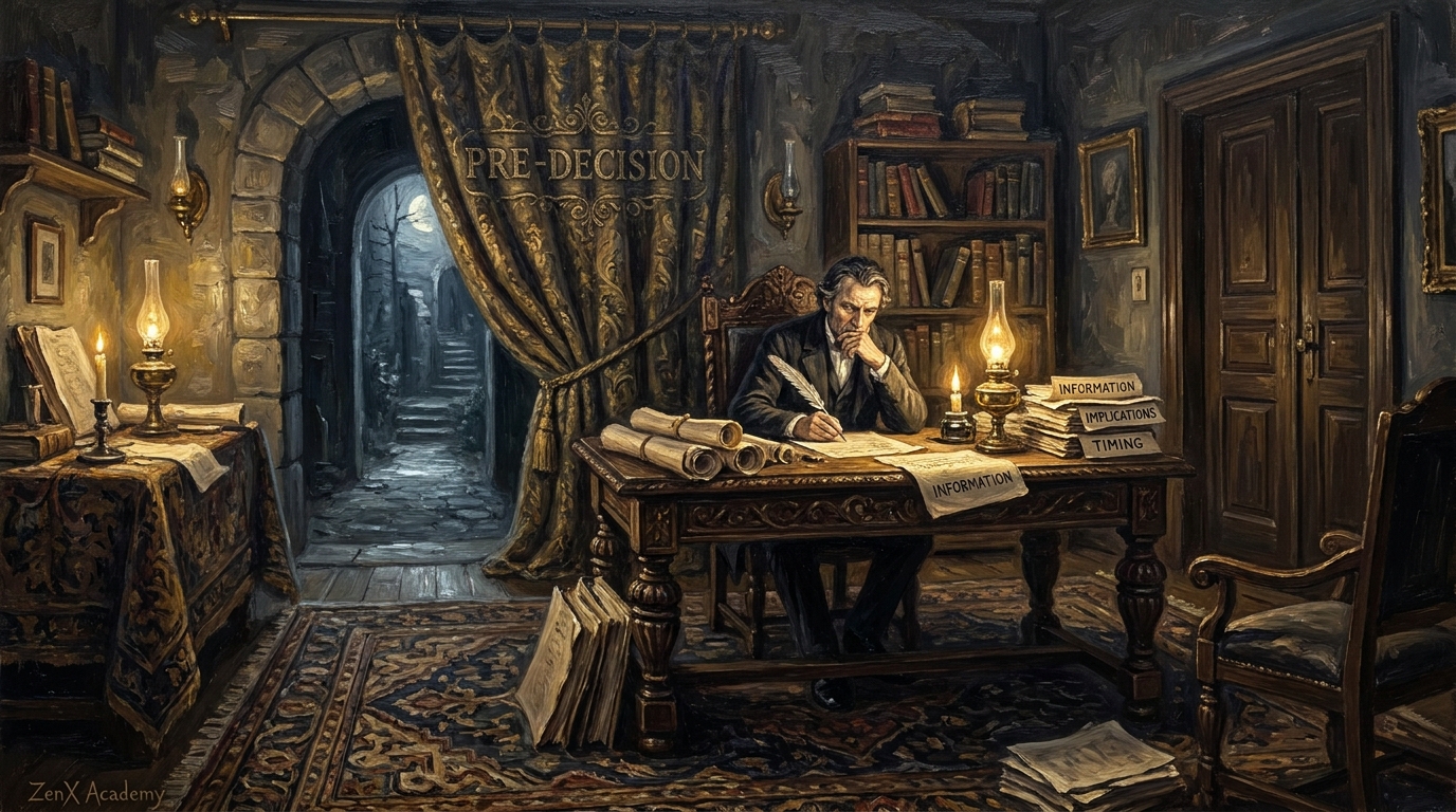 A person deciding before an ornate table representing the moment before the inner conversation begins