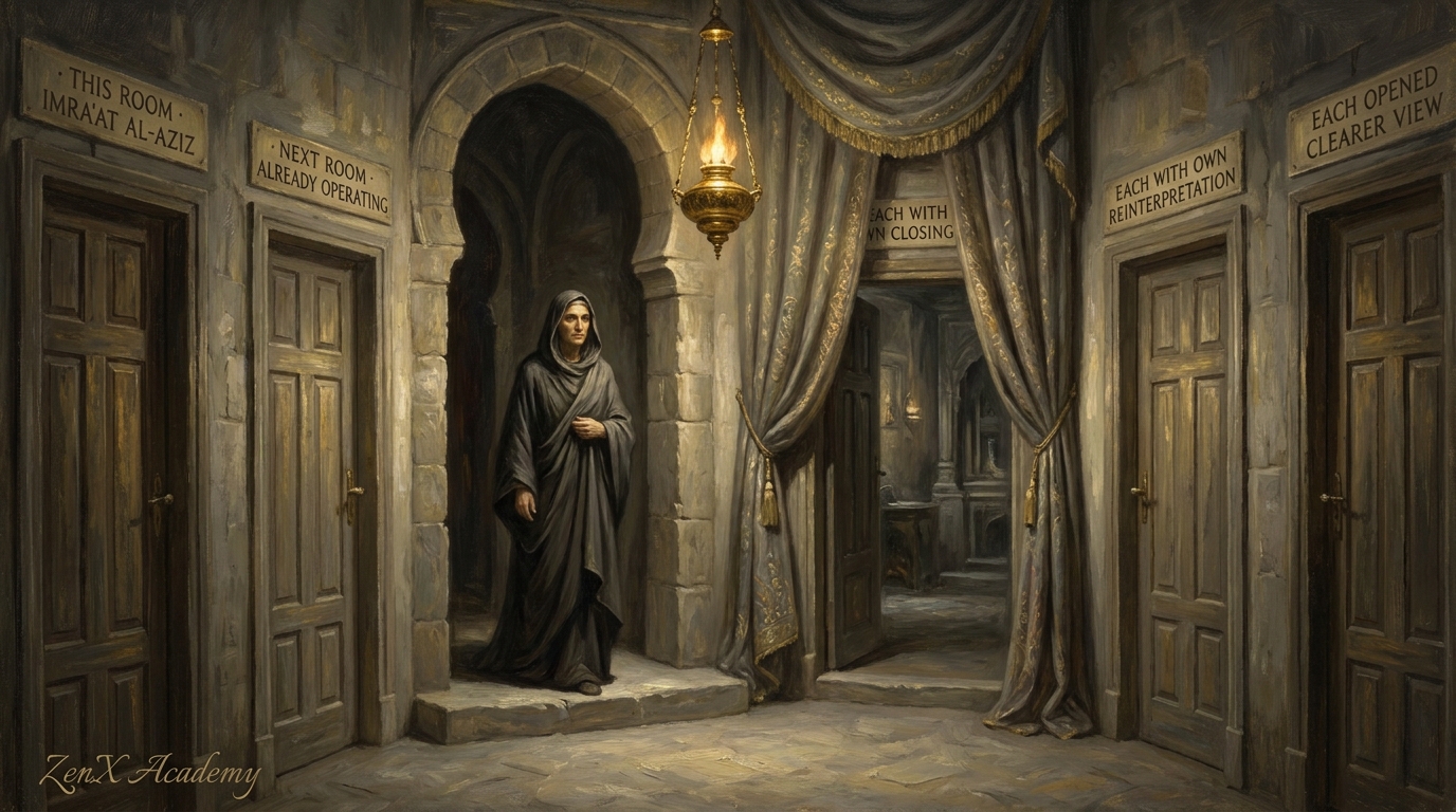 A person standing at the threshold between houses representing the capacity to move from outside the house