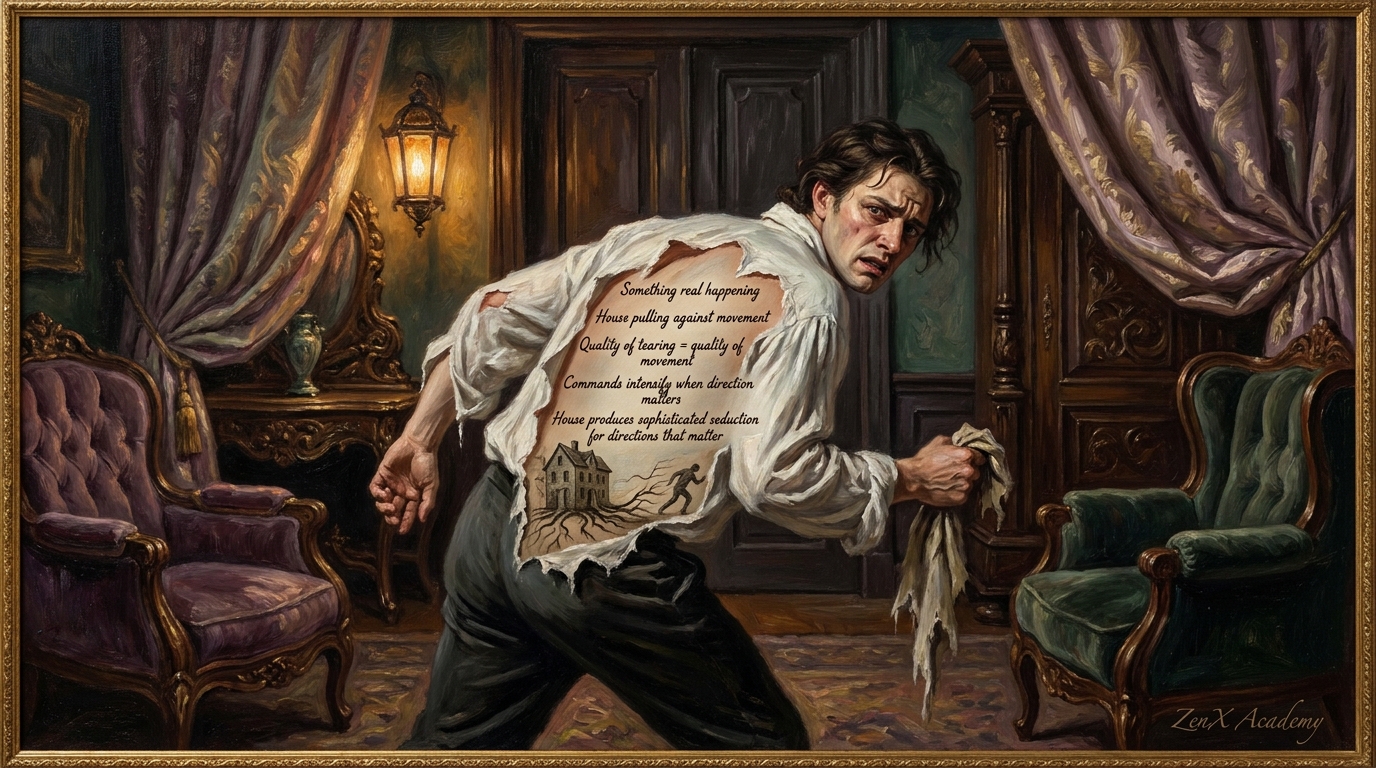 A person walking with shirt torn from behind representing real movement against the house