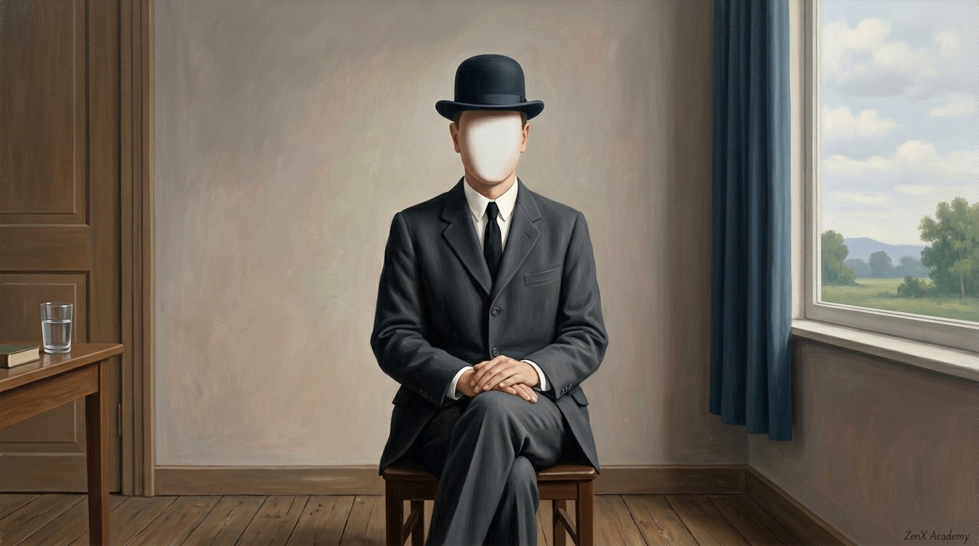 Person with blank face painting variant, representing introspective daily practice