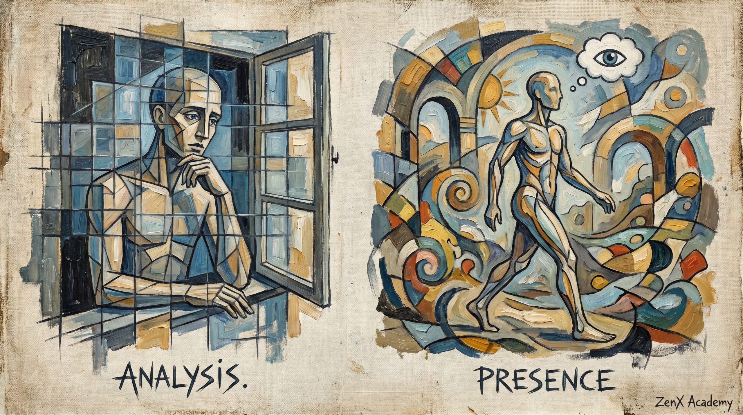 Picasso style cubist painting representing duality and observation