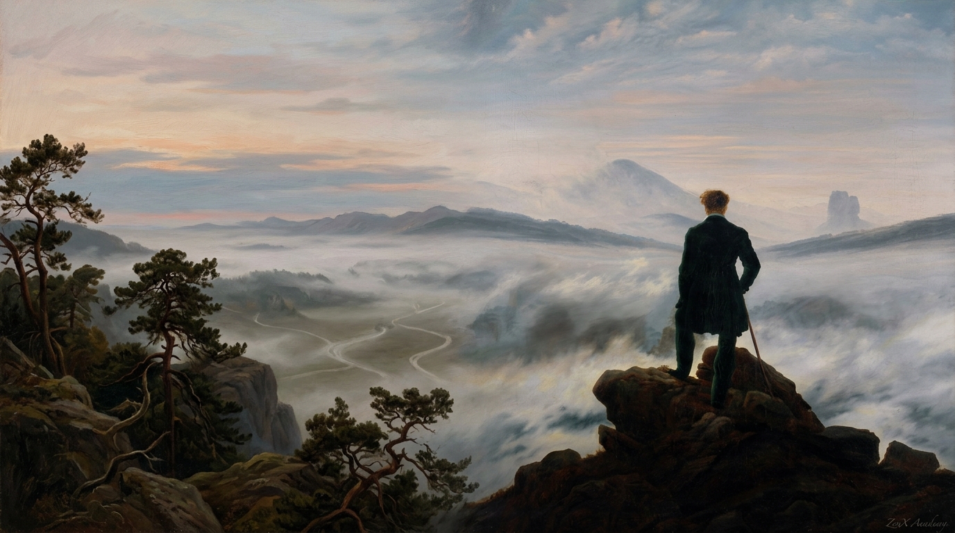 Solitary figure on cliff at dawn