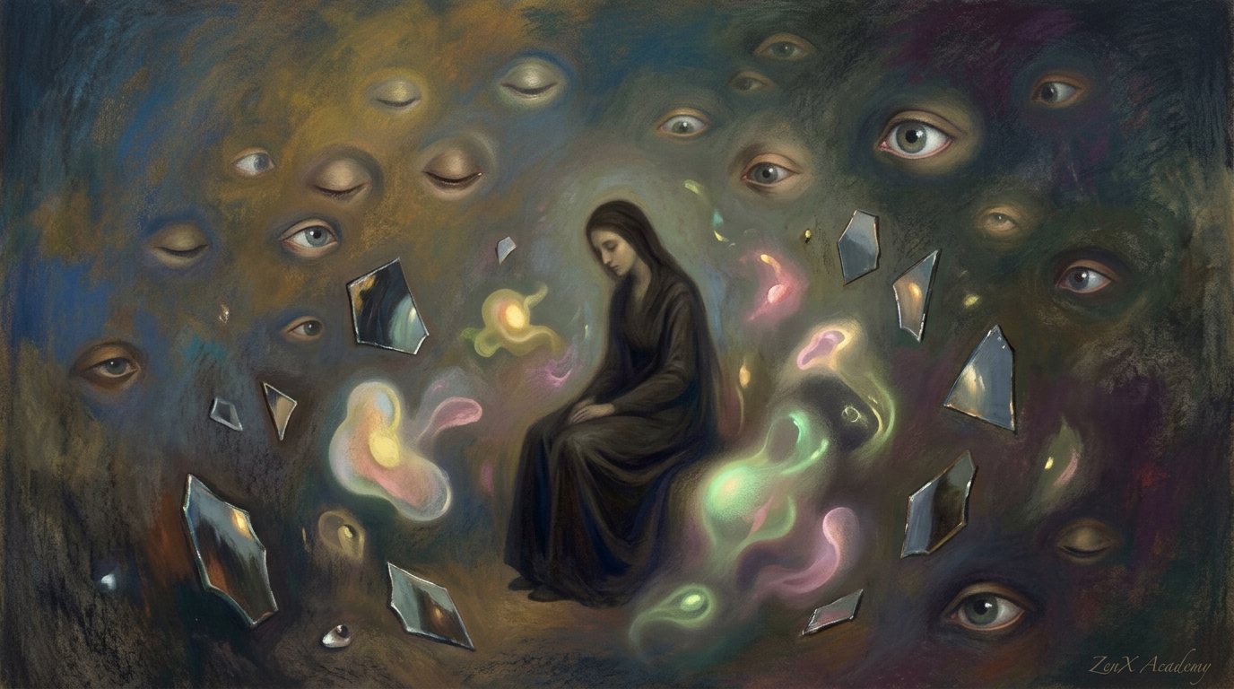 Symbolist painting with floating elements
