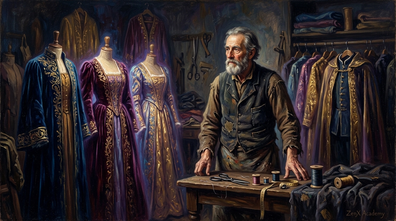 Tailor surrounded by glowing garments